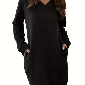 TEMU 여성용 신상 스타일리시 V넥 긴팔 원피스, 두꺼운 보온, 풀오버, 핏, 짧은 캐주얼 스웨트셔츠 원피스.