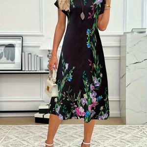 TEMU 여성용 우아한 A라인 맥시 드레스 - 숏 배트윙 소매 & 플로럴 프린트 - 퍼플, 핑크, 블루, 그린 보타니컬 드레스, 라운드 넥 숏 칼라, 세탁기 사용 가능, 웨딩, 파티용 - 사계절 활용 가능한 다용도 아웃핏