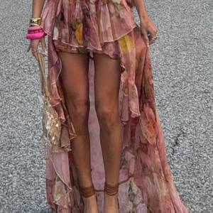 TEMU 방향성 프렌치 스타일 레이어드 플로럴 숏 프론트 롱 백 러플 스커트 (안전 반바지 포함), 빈티지 엘레강스 멀티 레이어 케이크 스커트 (파티 및 휴가용)