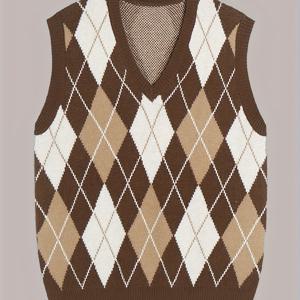 TEMU 남성용 스타일리시한 프레피 스타일 니트 조끼, 슬리브리스 스웨터 조끼, 캐주얼 플레드 조끼