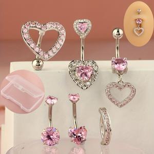 TEMU 여성용 박스 포장 6개입 14G 핑크 컬러 하트 댕글 배꼽 링 피어싱 바디 쥬얼리