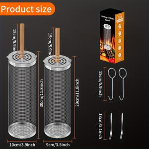 TEMU 2개 세트 스테인리스 스틸 롤링 그릴 바스켓, 탈착식 나무 손잡이 포함 – 야채, 새우 등에 적합한 내구성 있는 304 메쉬 – 바비큐, 캠핑, 야외 요리에 완벽 – 아빠나 남편을 위한 훌륭한 선물, 야외 그릴용 그릴 액세서리