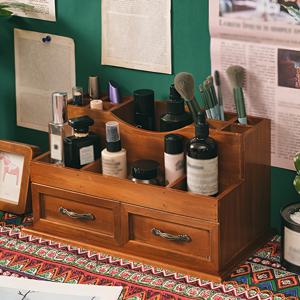 TEMU 빈티지 우드 화장품 & 욕실 수납 정리함 - 다용도 서랍형 데스크 트레이, 먼지 방지 상판, 컴팩트 카운터탑 오거나이저 (화장대, 침실, 사무실용) - 조립 불필요, 클래식 디자인, 튼튼한 구조, 메이크업 사용자에게 적합