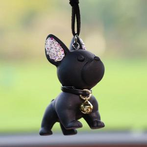 TEMU 블랙 레진 프렌치 불독 자동차 인테리어 액세서리, 귀와 골든 벨 장식