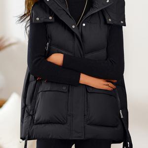 TEMU 플러스 사이즈 여성용 우아한 지퍼업 후드 조끼 - 민소매 스탠드 칼라 퍼재킷, 캐주얼 및 정장용 솔리드 컬러 레귤러 핏, 다용도 의상 추가 | 하이 칼라 디자인 | 내구성 있는 지퍼 클로저