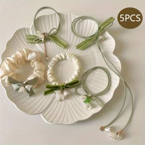 TEMU 리리 오브 더 밸리 꽃 머리끈 5개/8개 포니테일 홀더 탄성 머리띠 탄성 머리끈 머리 고리 머리 액세서리 얇은 머리용 여성용 머리끈