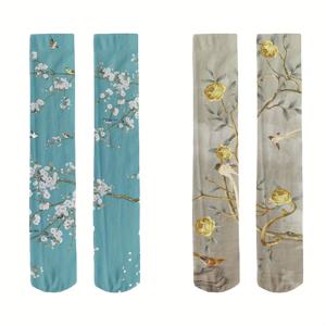 TEMU 1쌍 여성용 우아한 중국풍 레그 양말 - 산수화 & 벚꽃, 부드럽고 신축성 있는 편안함, 세탁기 사용 가능, 캐주얼 및 정장 액세서리, 자연 영감 디자인, 귀여운 양말