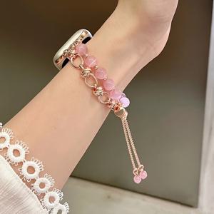 TEMU 애플워치 울트라/SE/시리즈 9/8/7/6/5/4/3/2/1 호환 스트랩 - 여성용 비즈드 페블 밴드, 핸드스트링 비즈 & 조절 가능한 매듭 잠금, 내구성 있는 캣아이 스톤 워치 밴드 (38/40/41/42/44/45)