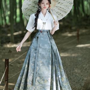 TEMU 고리치마, 원피스, 빈티지 플리츠 스커트 (타이 장식), 전통 중국 플로럴 패턴, 레트로 스타일의 앵클 레인지