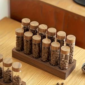 TEMU 12개 유리 커피 원두 및 보관 용기 세트 (월넛 받침대 포함) - 재사용 가능, 플립형 밀폐 용기 - 커피 및 주방 정리에 적합.|커피