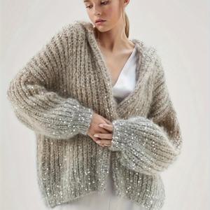 TEMU 여성용 캐주얼 시퀸 장식 오픈프론트 가디건 스웨터 - 릴랙스 핏 긴팔 컬러 블록, 사계절 내내 활용 가능한 레이어링 아이템, 귀여운 스웨터, 다재다능한 의상 추가, H라인 실루엣|가디건