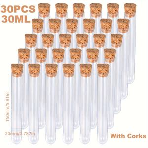 TEMU 코르크 스토퍼가 있는 10ml, 15ml, 20ml, 30ml 사이즈의 투명 경질 플라스틱 시험관 30개 세트입니다. 재사용이 가능하며, 내구성이 뛰어나고 누출 방지 기능이 있는 이 튜브는 실험실 사용에 이상적이며, 파티 사탕, 욕조 소금을 선물하는 데에도 적합합니다.