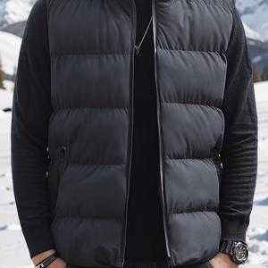 TEMU 남성용 프린트 민소매 퍼퍼 조끼 - 겨울과 가을용 따뜻한 지퍼 스탠드 칼라 조끼, 야외용 경량 의류