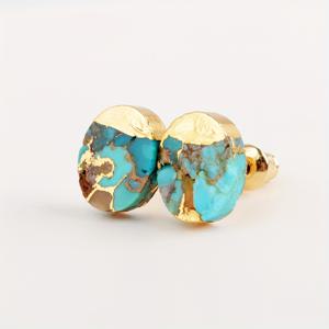 TEMU 금도금 타원형 라인 터키석 귀걸이 한 쌍