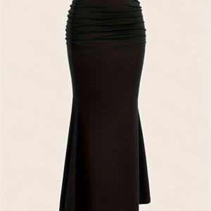 TEMU 우아한 여성용 블랙 러치드 미디 스커트, 머메이드 헴 - 하이웨이스트, 다용도 & 스타일리시, 폴리에스테르, 세탁기 사용 가능 - 봄/여름/가을 행사에 완벽