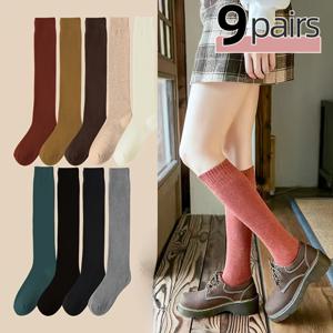 TEMU 9켤레 일본 애니메이션/캐주얼 양말 - 미드-컬프/롱 길이, 일상 & 정장용 - 세탁기 사용 가능 폴리에스터 - 중성적 & 따뜻한 톤 (라이트 그레이, 다크 브라운, 아미 그린, 진저 옐로우, 브릭 레드) - 청소년 여성 필수품, 계절별 착용, 단색, 내구성 있는 소재, 젊은이들을 위한