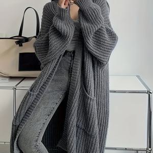 TEMU 캐주얼 롱 루즈 카디건 | 단색, 랜턴 슬리브, 칼라리스, 포켓 디테일, 봄/가을 외출복으로 적합