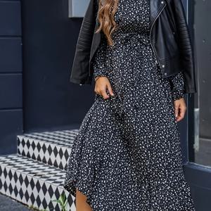 TEMU 디지 랄 프린트 크루 넥 드레스, 휴가용 넥 타이 롱 슬리브 드레스 봄 & 가을, 여성 의류