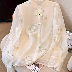 TEMU 새로운 중국 스타일 민족풍 자수 쉬폰 셔츠