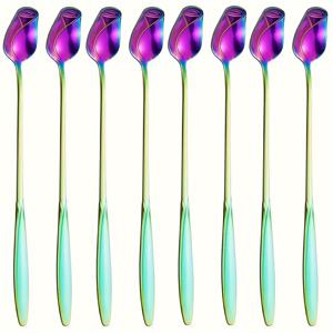 TEMU 8개 고품질 스테인리스 스틸 장미 꽃 스푼, 패셔너블 디자인, 6.77인치 긴 손잡이 커피 저어 스푼/아이스티 스푼/ 스푼, 어머니의 날/발렌타인데이/결혼식/휴일/신부 파티를 위한 훌륭한 선물, 거울 광택, 식기세척기 사용 가능 은색/금색/로즈 골드/