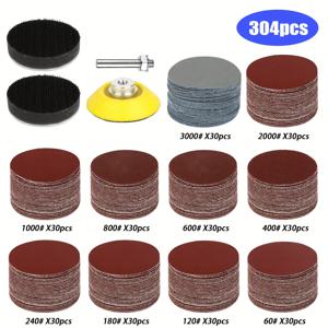 TEMU 304개 2인치/50mm 디스크 사포 세트 | 알루미늄 산화물 사포, 폼 버퍼 패드, 백킹 패드, 핸들, 자가 접착 플록킹 포함, 드릴 샌딩 그라인더 로터리 툴용 60-3000방 샌딩 디스크