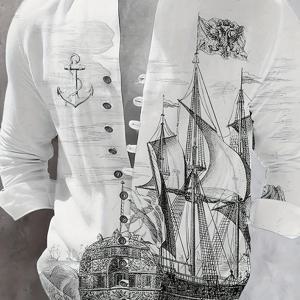 TEMU 남성 캐주얼 노티컬 3D 프린트 셔츠, 100% 폴리에스테르 만다린 칼라, 올 시즌 짜임 상의, 버튼 디테일, 레귤러 핏, 120gsm - 세일링 보트 패턴