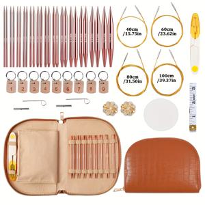 TEMU 루엔 49개 알루미늄 원형 뜨개질 바늘 세트, 인체공학적 손잡이, 교체 가능한 사이즈 13, 보관 케이스 및 액세서리 포함 - 소규모 프로젝트에 이상적, 빨간색, 교체 가능한 뜨개질 바늘, 루엔