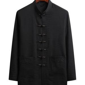 TEMU 남성용 전통 탕 자켓, 폴리에스터, 긴 소매, 만다린 칼라, 단색, 스트레치되지 않는 면, 정상 핏, 자수 디테일 포함, 봄/가을용 - 고전 중국 한푸 스타일 아우터웨어, 중국 사이즈, 사이즈 가이드를 신중하게 확인해 주세요