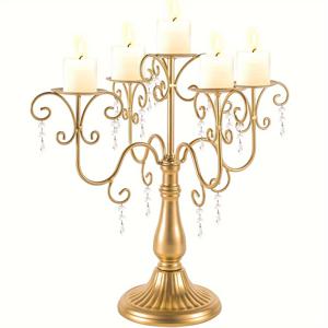 TEMU 크리스마스, 할로윈, 결혼식 등에 완벽한 비즈가 있는 우아한 5팔 기둥 캔들 거치대 - 광택 있는 아크릴/메탈 테이블 센터피스 장식, 가지 캔들스틱