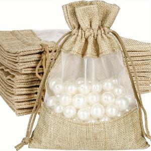 TEMU 10/20개 베를랩 끈 가방과 시스윈도우 오간자, 파티 선물용 캔디 주얼리 포켓, DIY 공예, 생일 및 결혼식용