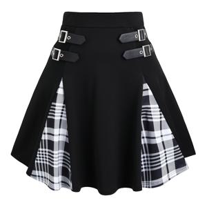 TEMU 여성용 고딕 체크무늬 A라인 미니 스커트 - 하이웨이스트 블랙 & 퍼플 체크 패턴, 메탈릭 버클 장식, 중간 신축성 소재, 가을/겨울 패션, 핸드워시 전용, 파티룩, 고품질 스티칭, 겨울 옷장
