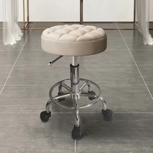 TEMU 360° 회전 라운드 롤러 스툴, 300lbs 무게 용량, 미용실, 타투 스튜디오, 스파 마사지 침대용 조절 가능한 높이 - 크림색 실내 장식 및 검은색 바퀴가 있는 메탈 프레임, 살롱 좌석 | 세련된 라운드 스툴 | 회전 기능