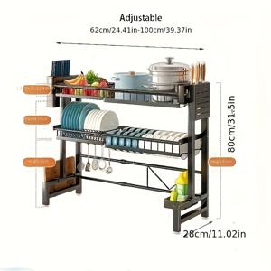 TEMU 조절 가능한 주방 수납 선반이 있는 스케일러블 메탈 싱크대 식기 건조대 (접이식 뚜껑 및 접시 슬롯 포함), 가정에서 주방 도구 정리 및 보관용으로 설계되었습니다.