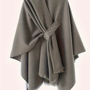 TEMU 우아한 플러스 사이즈 단색 가디건 - 아크릴 브이넥에는 라인스톤 디테일이 있으며, 가을/겨울용 약간의 신축성 있는 짠 코트, 비대칭적인 따뜻한 샤울