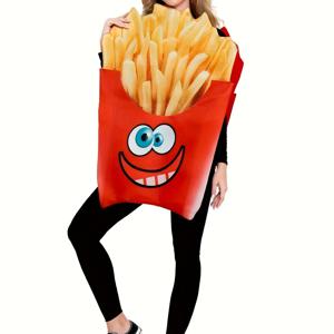 TEMU 성인 프렌치 프라이 의상 - 만화 얼굴 - 폴리에스테르 100% 캐주얼 할로윈 의상, 스파게티 스트랩 칼라, 니트 원단, 파티 및 축하 행사를 위한 원피스 신규 음식 의상