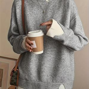 TEMU 여성용 캐주얼 컬러블록 라운드넥 풀오버 스웨터 - 컨트라스트 트림, 롱 슬리브 편안핏 가을 겨울 패션 탑, 매일 입기 좋은 리브드 엣지 디테일 세탁 가능 귀여운 니트