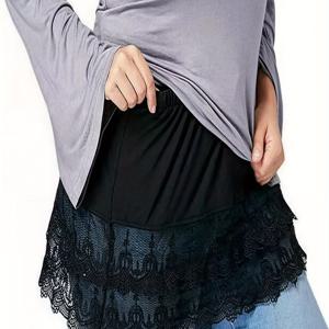 TEMU 플러스 사이즈 우아한 레이스 트림 플레어 스커트 - 여성을 위한 100% 폴리에스터 단색 비늘 스트레치 원단 - 봄, 여름, 가을에 이상적