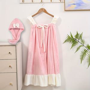 TEMU 두 가지 아이템: 다재다능한 리본 매듭 드레스와 두꺼운 초극세사 나노 벨벳으로 제작된 샤워 캡입니다. 부드럽고, 뛰어난 흡수력, 빠른 건조 특징이 있으며, 대비되는 색상의 디자인입니다. 안전한 스냅 버튼이 있는 매칭 리본 헤어 타월이 포함되어 있습니다.|수건|샤워커튼