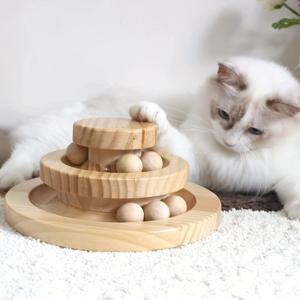 TEMU 3단 나무 고양이 장난감 턴테이블, 볼 루프 트랙 - 실내 고양이용 상호작용 교육용 장난감, 내구성 있는 재활용 나무, 배터리 필요 없음, 모든 품종 및 크기, 고양이 장난감, 재미있는 디자인, 자연스러운 외형