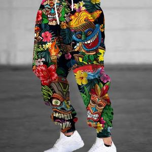 TEMU 남성용 스포츠 바지, 코믹 스타일의 3D 토치 패턴 및 드로스트링 포켓.