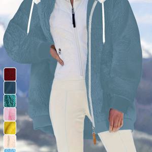 TEMU 여성용 포근한 기모 안감 후드 재킷 - 캐주얼 긴소매 지퍼업 포켓, 단색, 루즈핏, 가을/겨울에 적합, 캐주얼 아우터