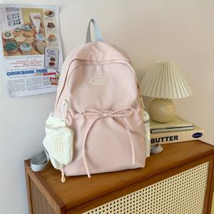 TEMU 귀여운 & 신선한 리본 디자인 핑크 나일론 백팩 여성용 - 조절 가능한 어깨끈, 지퍼 잠금장치, 내구성 있는 폴리에스터 안감, 스타일리시 일상 가방, 안전한 지퍼 클로저