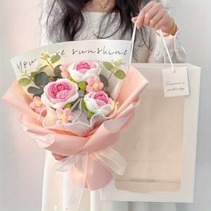 TEMU 수제 크로셰 꽃다발 - 장미가 포함된 리얼리스틱 인공 꽃다발, 어머니날, 결혼식, 크리스마스, 선물, 홈 테이블 센터피스, 결혼식 통로 장식에 적합한 플라스틱 꽃들 - 관리 불필요