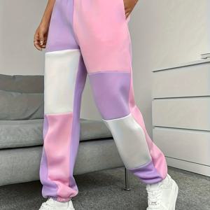 TEMU 플러스 사이즈 여성용 우아한 컬러 블록 조거 팬츠 - 와이드 레그, 끈조절 허리밴드, 측면 포켓, 파스텔 핑크 & 라벤더, 세탁기 사용 가능 가을/겨울 캐주얼 라운지 팬츠, 조깅 팬츠, 편안한 착용감, 스타일리시 조거, 부드러운 소재, 투피스 의류, 홈 컴포트웨어