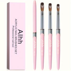 TEMU 3피스 아크릴 네일 브러쉬 세트, 핑크 핸들 3D 연장 및 디자인용 매니큐어 도구