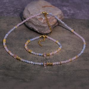 TEMU 여성용 천연 아쿠아마린 & 로즈 쿼츠 비즈 목걸이와 팔찌 2개 세트 - 우아함 - 돌, 도파민 체인, 데일리 및 휴가용, 연중 활용 가능한 진짜 돌