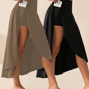 TEMU 여성용 하이웨이스트 비대칭 긴 스커트, 폴리에스터 95% 탄성 5%, 단색, 니트 원단, 포켓 디테일, 스포츠 슬릿 스커트, 올 시즌, A-Fit, 벨트 없음, 190g/m² - 캐주얼 운동용 스커트 팬츠