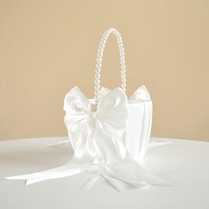 TEMU 매력적인 진주 손잡이와 새틴 리본이 특징인 결혼식용 화이트 플라워 여아 바구니