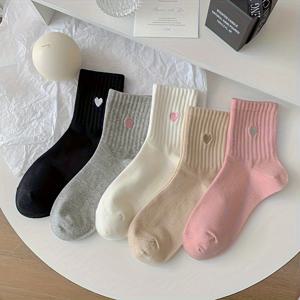 TEMU 귀여운 하트 패턴 발목 양말 5켤레, 가을/겨울 스타일 일본식 다용도 단색 한국 버전 여성용 숏 튜브 스타킹