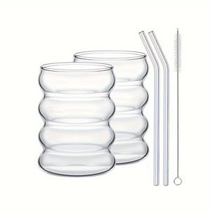 TEMU 2/4/6개 350ml/11.8oz 고강도 보로실리케이트 유리 커피 컵, 빨대 포함, 물결 모양 빈티지 음료 유리 말차 컵, 물, 소다, 차, 주스, 커피, 우유, 말차용 투명한 미적 유리제품, 완벽한 선물
